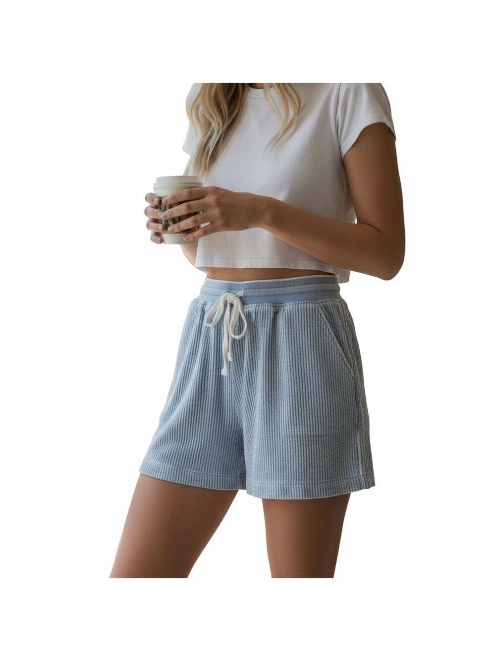 Splendid shorts tie waist thermal waffle mineral wash raw hem blue size XS
